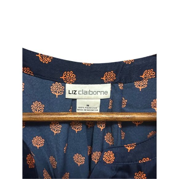 Liz Claiborne Blouse Top Medium Navy Blue Orange‎ Floral Cap Sleeve Pocket - Picture 2 of 5